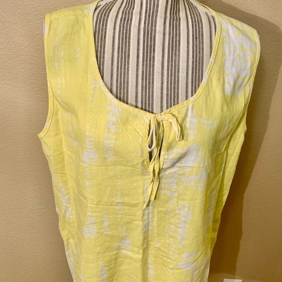 For Cynthia Linen Top XL Yellow White Blotchy Retro Keyhole Ties Linen Viscose - Picture 2 of 14